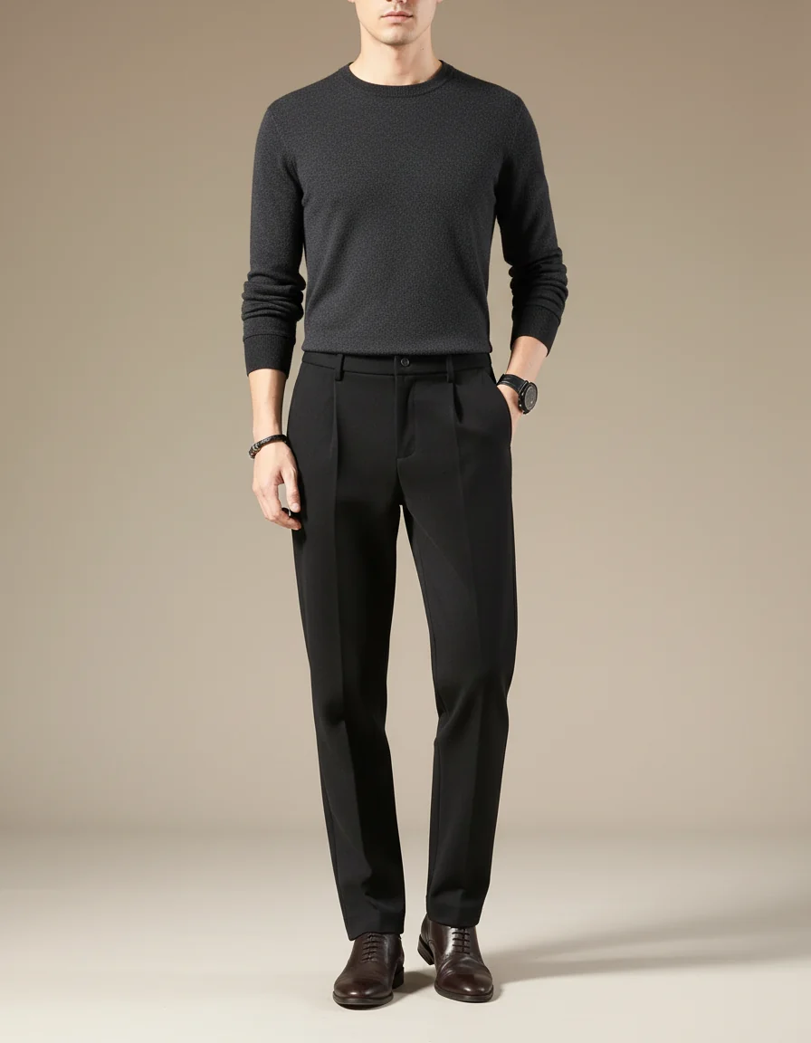 Pantalon Chino Noir Plissé Droit Formel Homme Élégant – Image 2