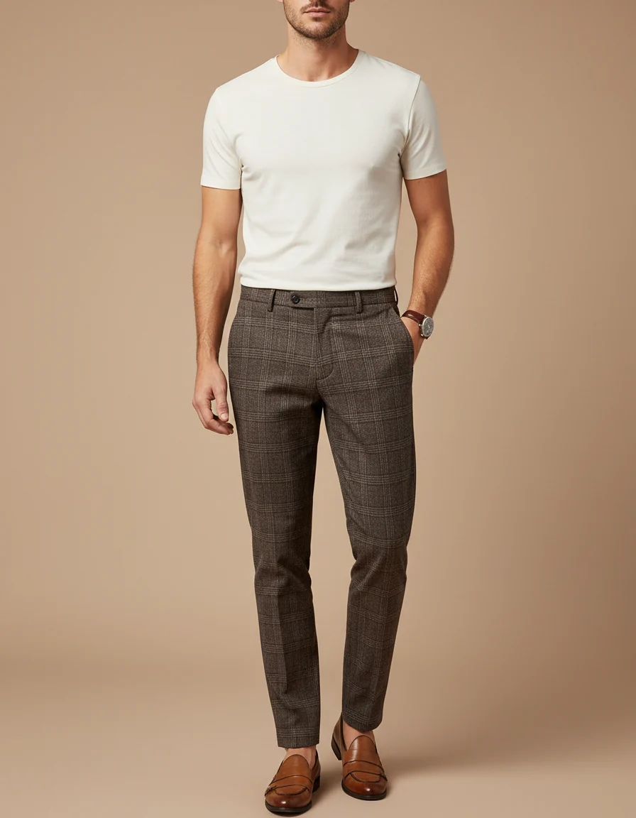 Pantalon Chino Marron Carreaux Slim Élégant Homme – Image 2