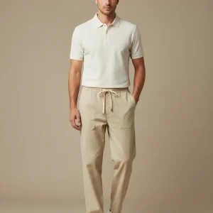 Pantalon Chino Beige Lin Cordon Ample Décontracté
