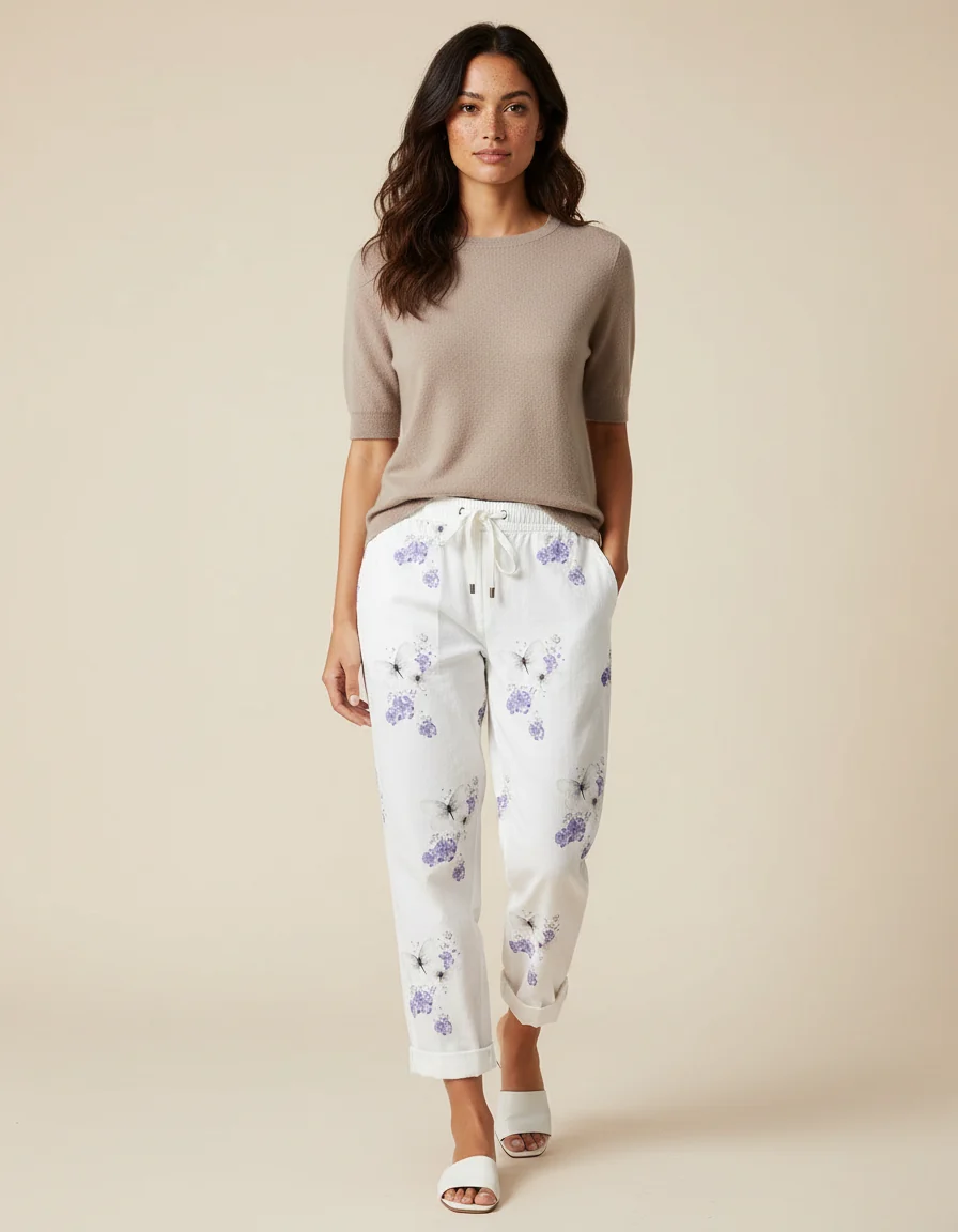 Pantalon Chino Blanc Lin Imprimé Papillons Fluide Femme – Image 2