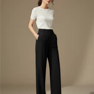 Pantalon Chino Noir Ample Fluide Taille Haute