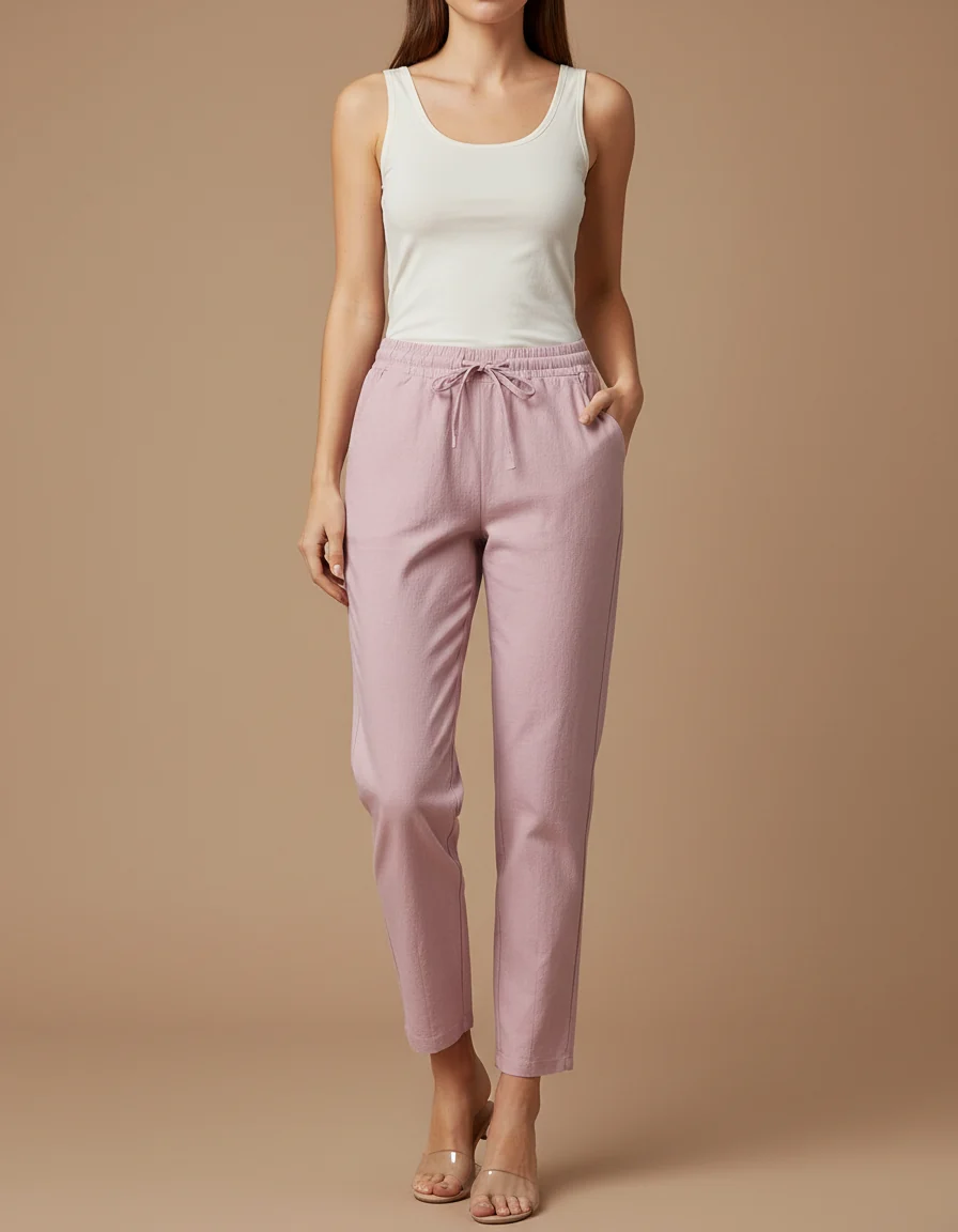 Pantalon Chino Rose Coton Lin Ample Décontracté Femme – Image 2