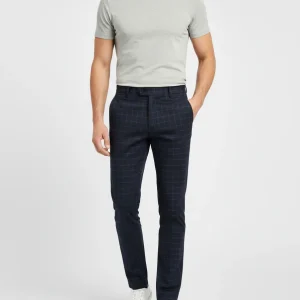Pantalon Chino Bleu Marine Carreaux Slim Élégant Homme