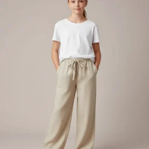 Pantalon Chino Beige Lin Droit Ample Confortable Fille