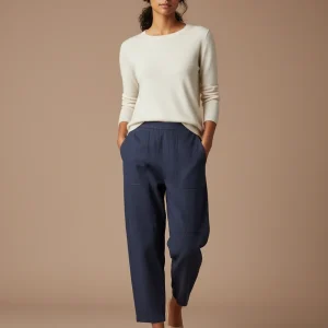 Pantalon Chino Bleu Marine Ample Coton Lin Femme