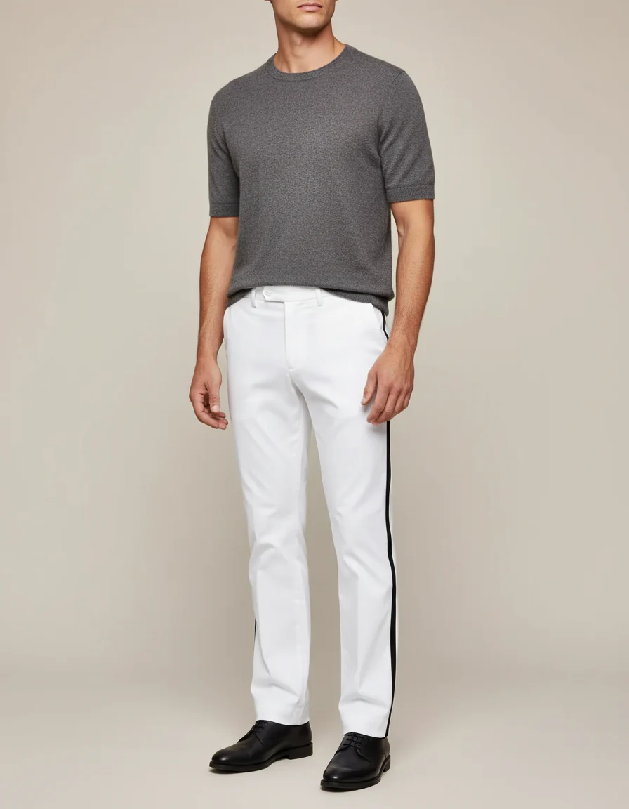 Pantalon Chino Blanc Bande Latérale Droite Élégant