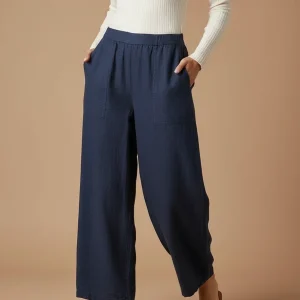 Pantalon Chino Bleu Marine Ample Lin Décontracté