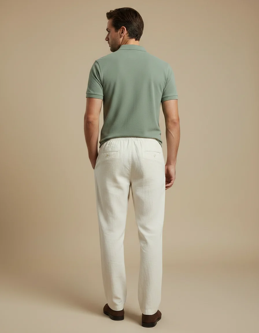 Pantalon Chino Beige Coton Lin Droit Décontracté Homme – Image 3