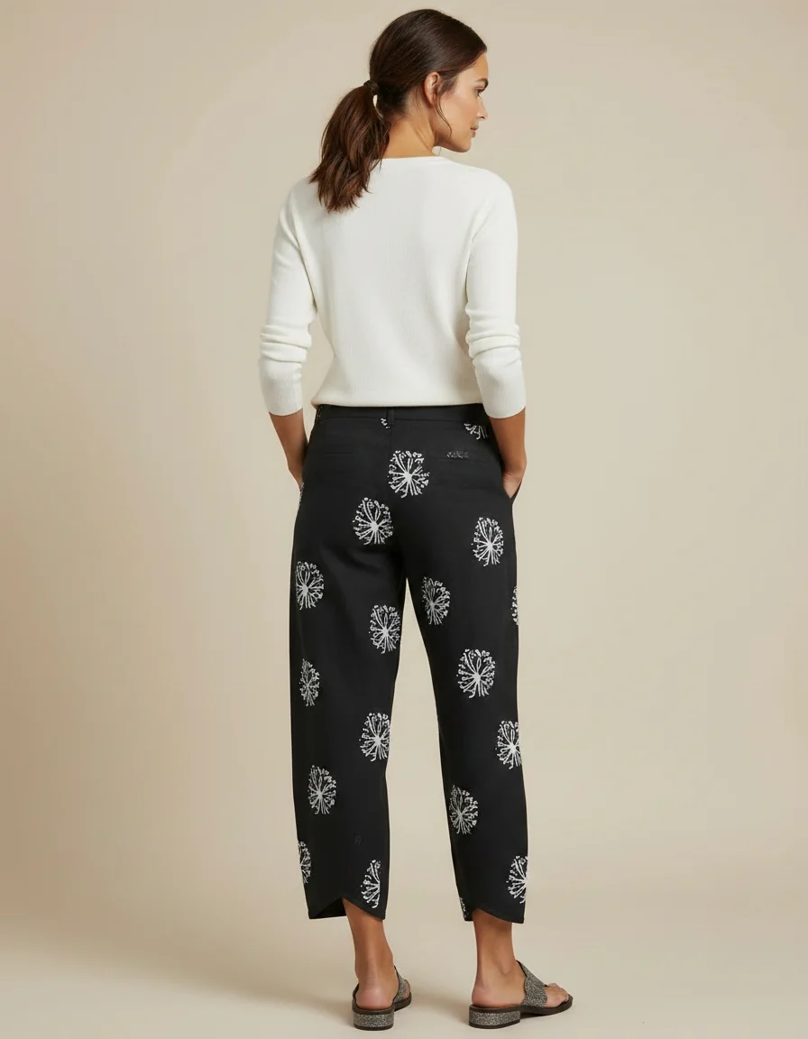 Pantalon Chino Noir Imprimé Blanc Ample Femme – Image 3