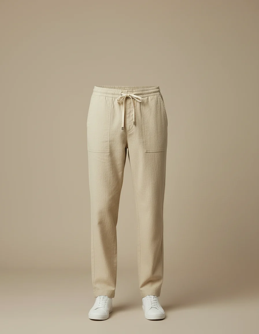 Pantalon Chino Beige Lin Cordon Ample Décontracté – Image 4