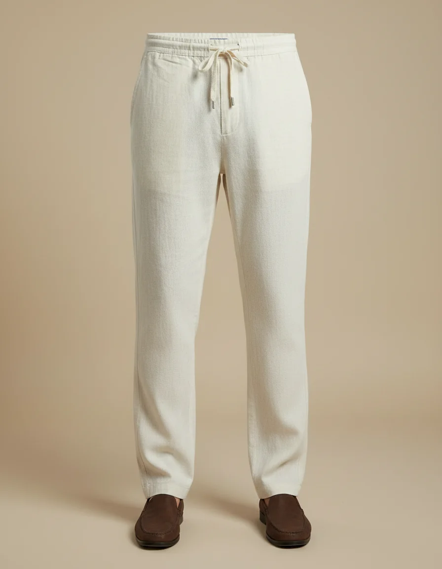 Pantalon Chino Beige Coton Lin Droit Décontracté Homme – Image 4