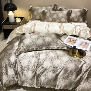 Parure de lit en soie de mûrier imprimée rouge & bleu – Luxe 800 TC, housse, drap & taies